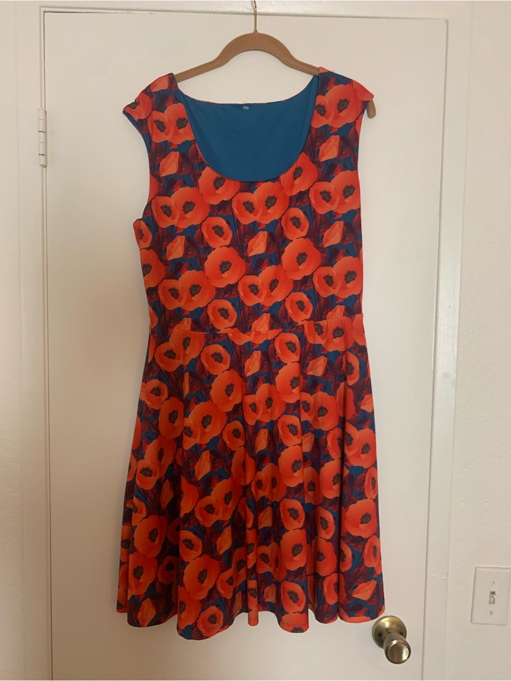 Betabrand Red Blue Poppy Print Fit-and-Flare Midi Dress Reversible Extra Large